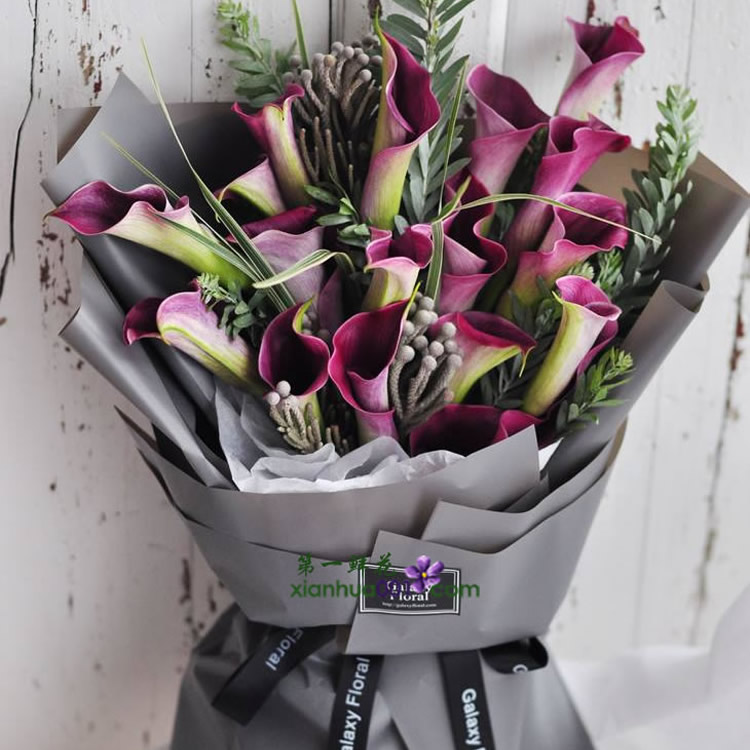 19枝紫色马蹄莲，绿叶适量