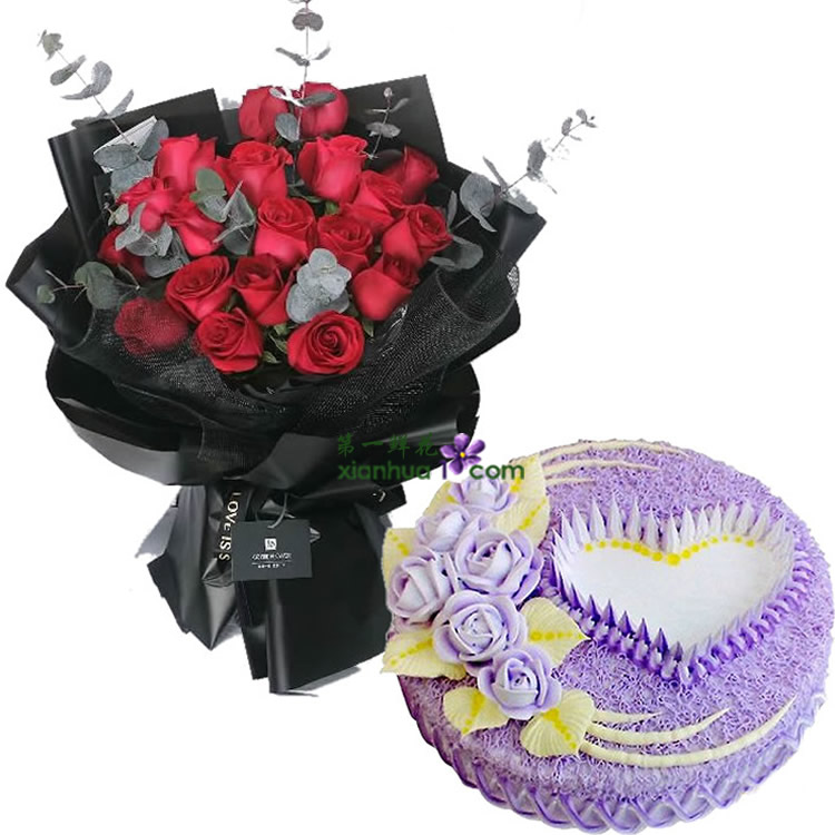19枝红玫瑰，尤加利叶子搭配；8寸圆形鲜奶蛋糕，淡紫色玫瑰花装饰，紫色奶油围边