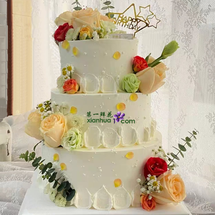 三层婚庆蛋糕（6+10+14英寸）玫瑰鲜花装饰