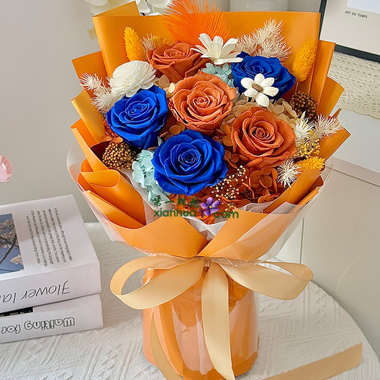 3朵蓝色玫瑰,3朵橙色玫瑰永生花 橙色小花束