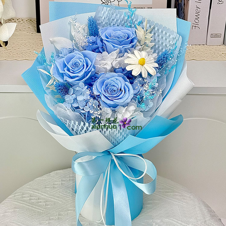3朵蓝色玫瑰玫瑰永生花 蓝色小花束